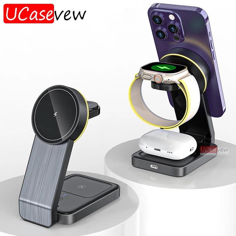 Supporto Per Caricabatterie Wireless Magnetico Pieghevole 3 In 1 Per Iphone 15 14 12 Pro Apple Watch Airpods Pro Mac Stazione Di Ricarica Sicura