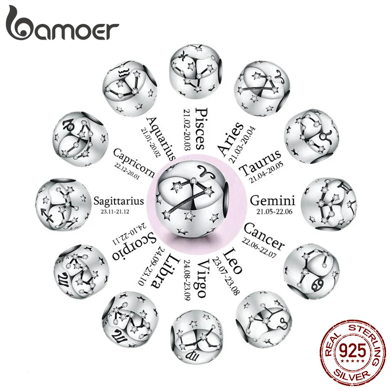 Bamoer Vintage 925 Sterling Silver Dodici Costellazioni Segno Zodiacale Perline Zodiacali Charms Fit Charm Bracciale Neckalce Fai Da Te
