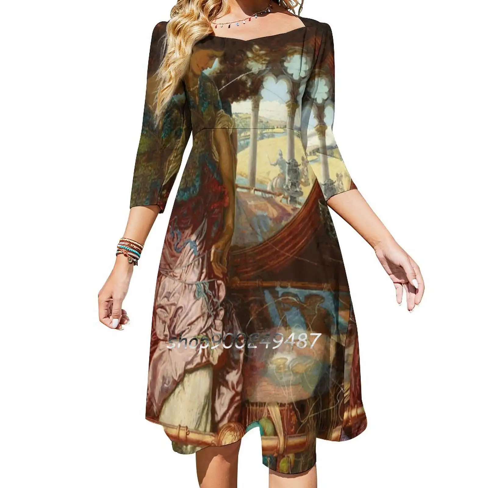 Lady Of Shalott By Edward Robert Aspen Sweet Elegant Dress Women Coreano Kawaii Square Collar Dress Pre Raphaelite British Art