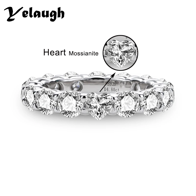 Yelaugh 4Mm 4.8Cttw D Color Heart Moissanite Fidanzamento Eternity Band Rings Donna 925 Sterling Silver Wedding Diamond Ring