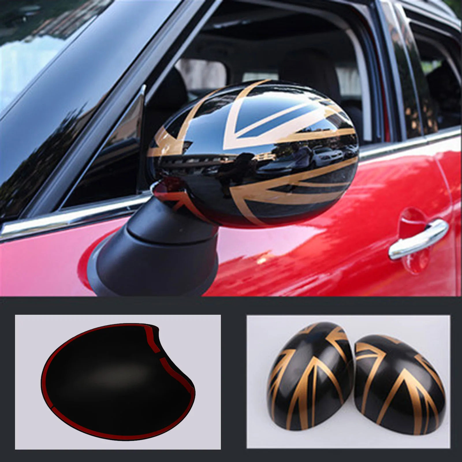 2 X Union Jack Uk Flag Mirror Covers Per Mini Cooper R55 R56 R57 Nero/Oro