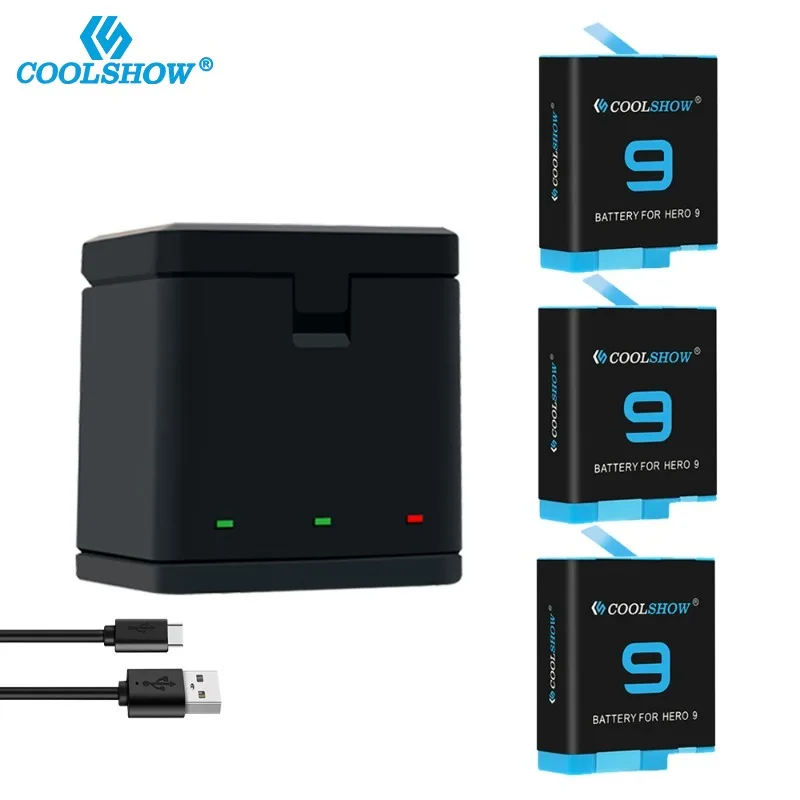 Coolshow Per Gopro Hero 10 Caricabatteria 1800Mah Per Gopro Hero 12 Hero 11 Hero 9 Batterie Nere Accessori Per Action Cam