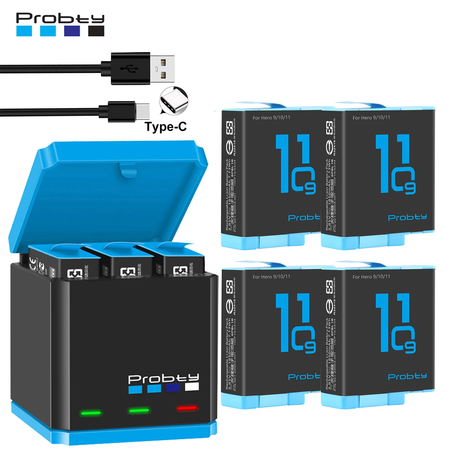 Per Gopro Hero 12 Hero 10/11 1850 Mah Batteria 3 Slot Per Schede Caricabatteria A Luce Led Caricabatteria Gopro Hero 9 12 Nero