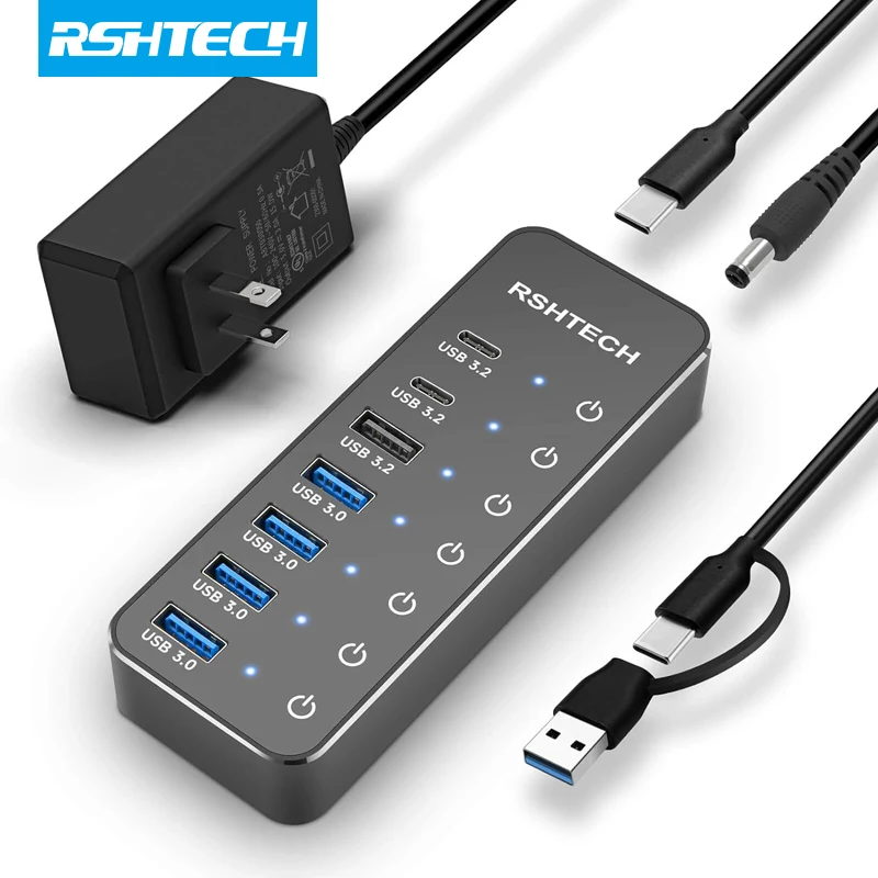 Rshtech Powered Usb Hub 3.2 Usb C Splitter 10Gbps Data Hub Con Interruttori Touch On/Off Individuali Estensione Usb Per Macbook Mac