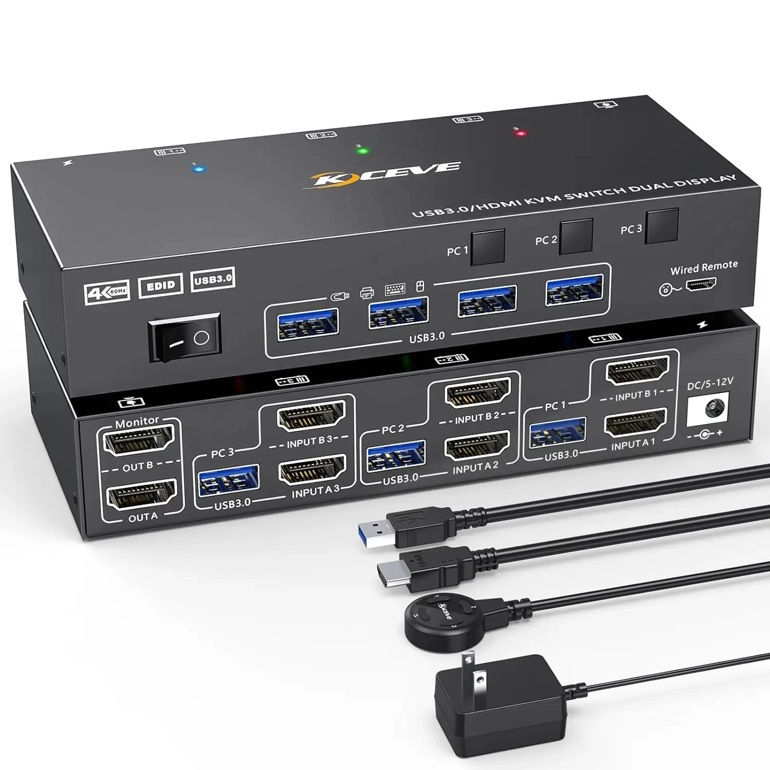 Dual Monitor Kvm Switch Usb 3.0 Hdmi Kvm Switch 2 Monitor 3 Computer, Emulatore Edid, 4K @ 60Hz 2K @ 144Hz Con 4 Porte Usb 3.0