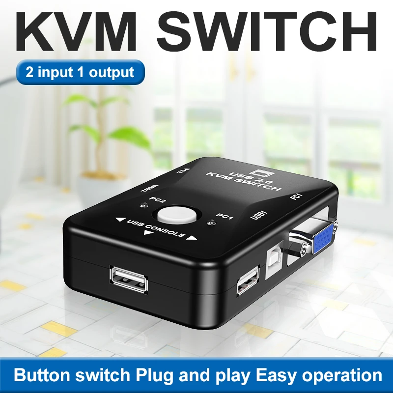 Oullx Kvm Switch Vga Splitter Cable Usb 2.0 Box Per Usb Keyboard Mouse Monitor Adapter Usb Printer Switch