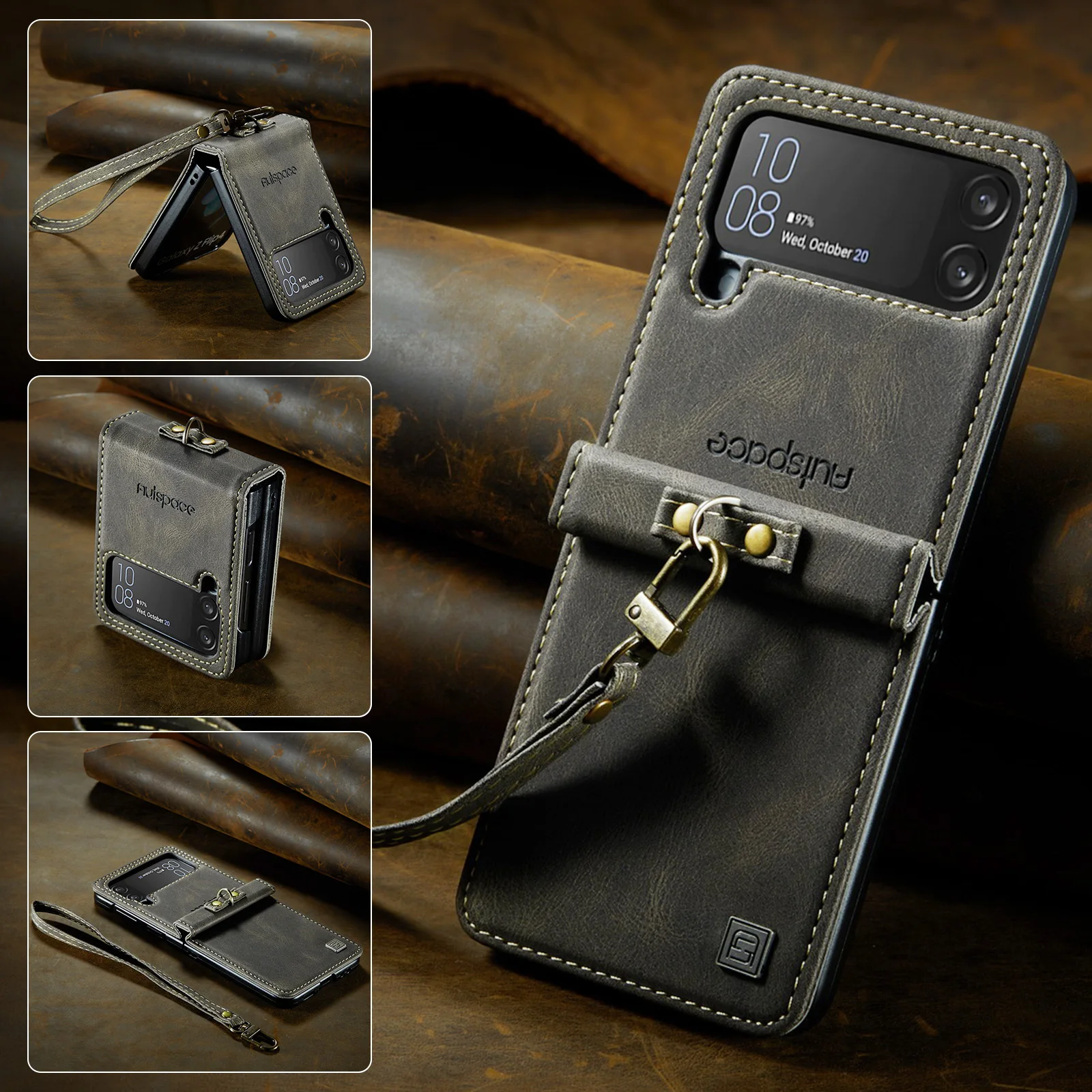 Luxury Phone Case For Samsung Galaxy Z Flip4 5G Flip 4 Geometric Credit Card Slot Frosting Leather Back Cover With Drawstring