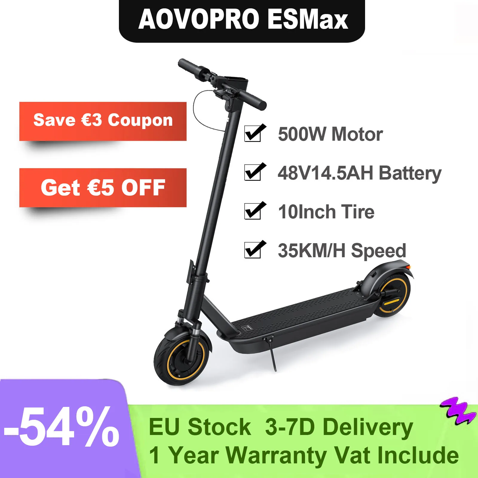 Aovopro Esmax Scooter Elettrico Ruote Da 10 Pollici Citycoco Skateboard Elettrico Pieghevole Con 500W 14.5Ah 35 Km/H 45Km Super Range