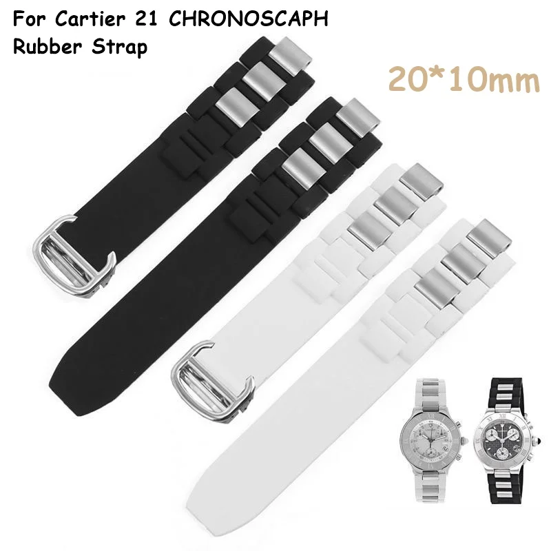 Cinturino In Gomma Per Cartier 21 Chronoscaph Series 20*10Mm Bocca Convessa Chiusura Pieghevole Cinturino Di Ricambio Per Cinturino Nero Bianco