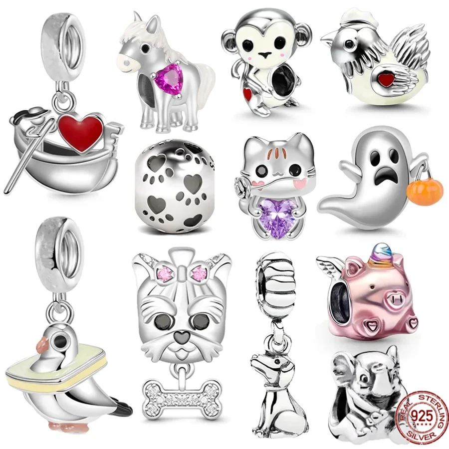 925 Sterling Silver Flying Unicorn Pig Chicken Monkey Cat Dog & Pigeon Ciondola Charm Beads Fit Original Pandora Bracciale Jewelry