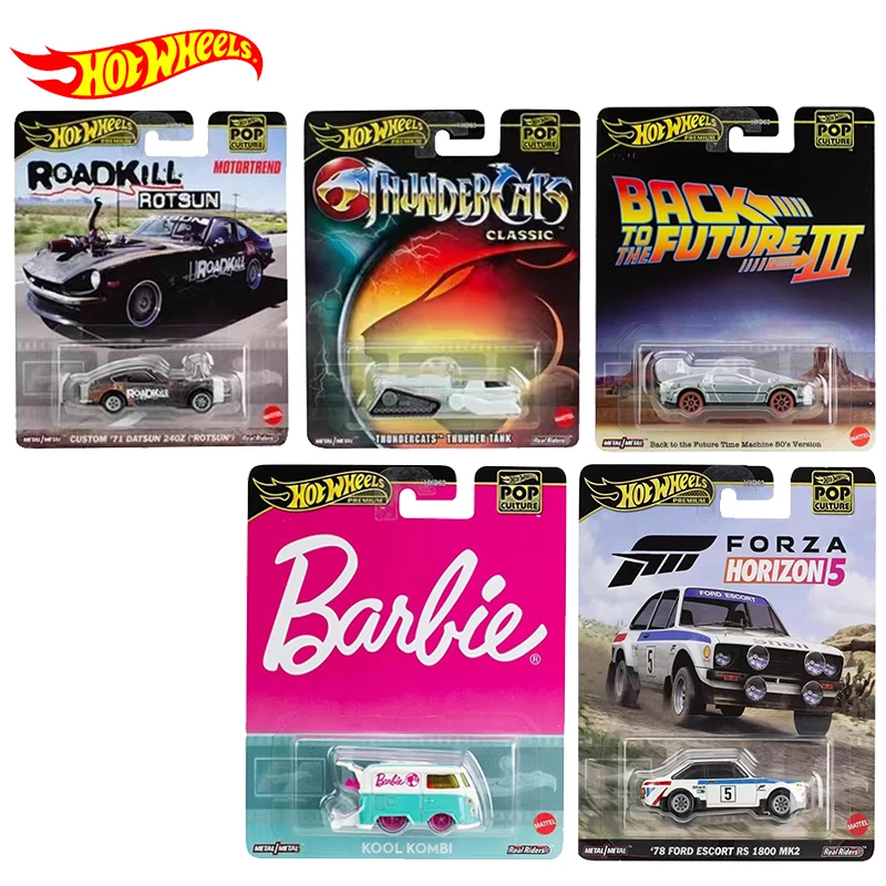 Original Hot Wheels Pop Culture Series Premium Metal Car Custom Datsun Back To The Future Barbie Kool Kombi Boys Toys Ford Model