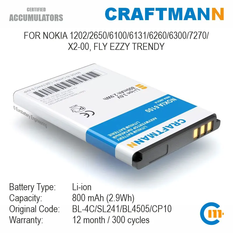 Batteria Crafts Mann 800Mah Per Nokia 1202/2650/6100/6131/6260/6300/7270/X2-00, Fly Ezzy Trendy (Bl-4C/Sl241/Bl4505/Cp10/Bl-4V)