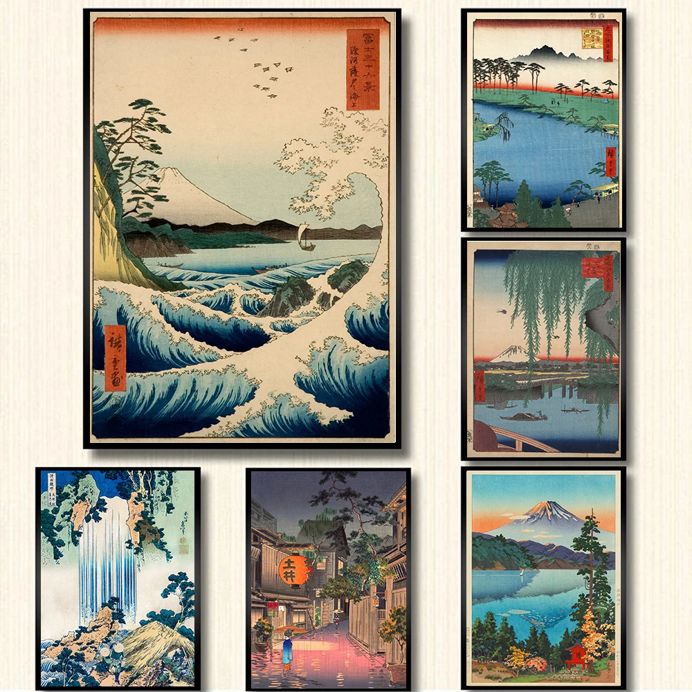 Vintage Japanese Landscape Poster Prints Wave Kanagawa Art Canvas Painting Immagini A Parete Per Soggiorno Oriental Home Decor