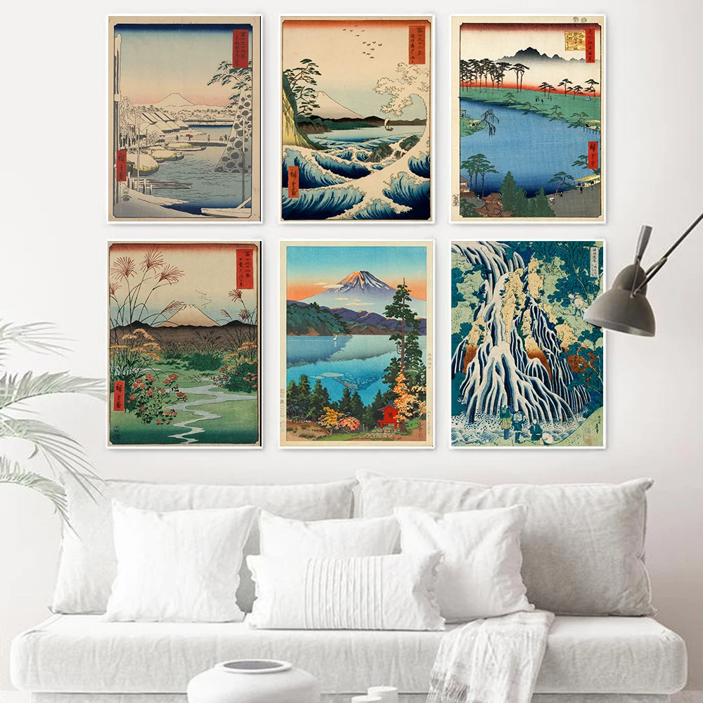 Vintage Japanese Landscape Poster Prints Wave Kanagawa Art Canvas Painting Immagini A Parete Per Soggiorno Oriental Home Decor