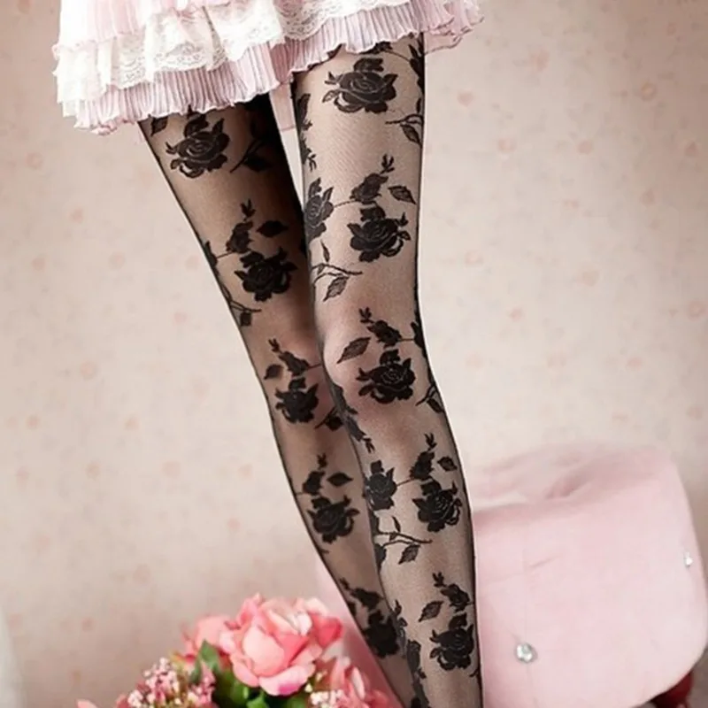 Sexy Rose Collant Donna Collant Femme Collant Trasparenti Sottili Scava Fuori Collant Tatuaggio Collant Femme Medias Fantaisie Calze