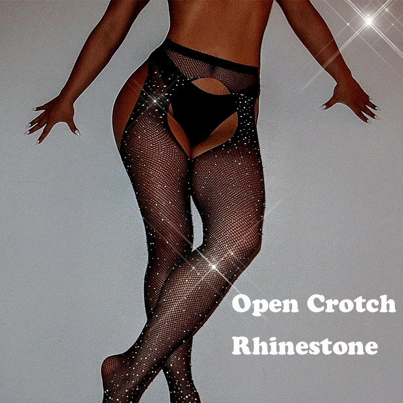 Dea Calze Sexy Strass Donna Collant Femme Lenceria Party Collant A Rete Cavallo Aperto Collant Lucido Medias De Mujer