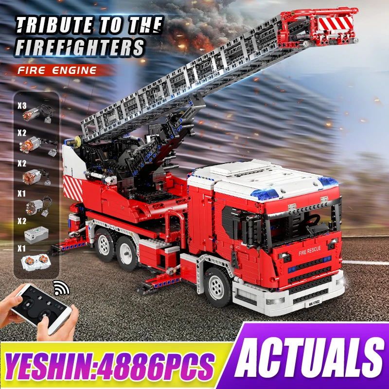 Mold King Technical 17022 Fire Engine Ladder Truck Blocchi Di Costruzione Telecomandati Set Di Giocattoli Per Adulti E Bambini
