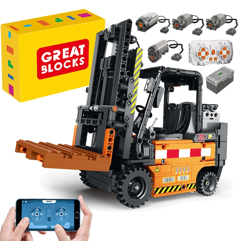 Esperto Tecnico High-Tech Engineering Car Rc Telecomando Carrello Elevatore Meccanico Moc Mattoni Modello Building Blocks Reobrix 22002
