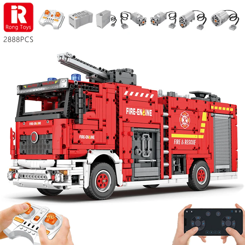 City Electric Remote Control Water Jet Fire Truck Building Blocks Veicolo Da Costruzione Mattoni Tecnici Rc Car Kid Auto Toy Boys