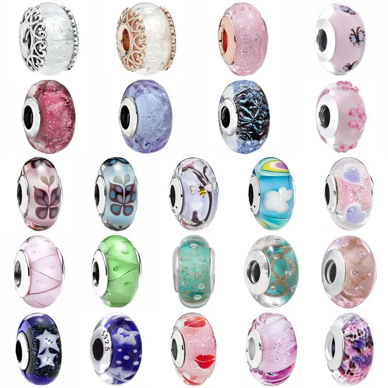 Butterfly Kisses Wavy Dark Blue Ocean Hearts Lampwork Murano Glass Charm 925 Sterling Silver Beads Fit Fashion Bracciale Jewelry