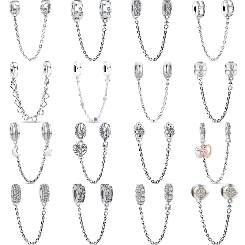 925 Sterling Silver Heart Star Moon Family Tree Blue Ocean Safety Chain Beads Fit Original Pandora Charms Bracciale Gioielli Da Donna