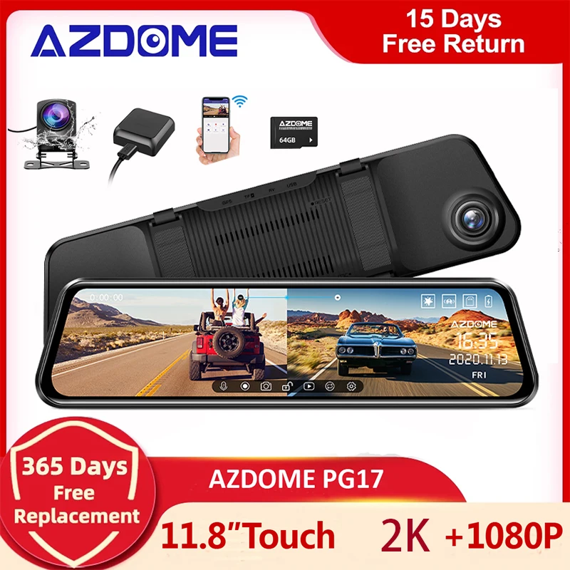 Azdome Pg17 Specchio Per Auto Dvr Gps 1080P Dual Cams 11.8 Pollici Touch Screen Retrovisore Dash Cam Stream Media Videoregistratore Visione Notturna