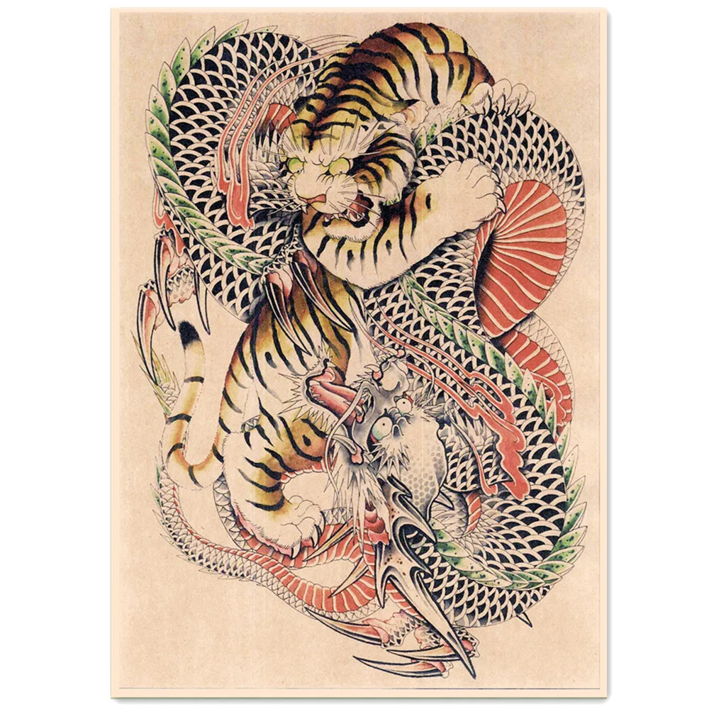 Tiger Vs Dragon Ukiyo-E Tattoo Art Pictures Vintage Kraft Paper Poster Poster E Stampe Home Decor Pittura Room Wall Sticker