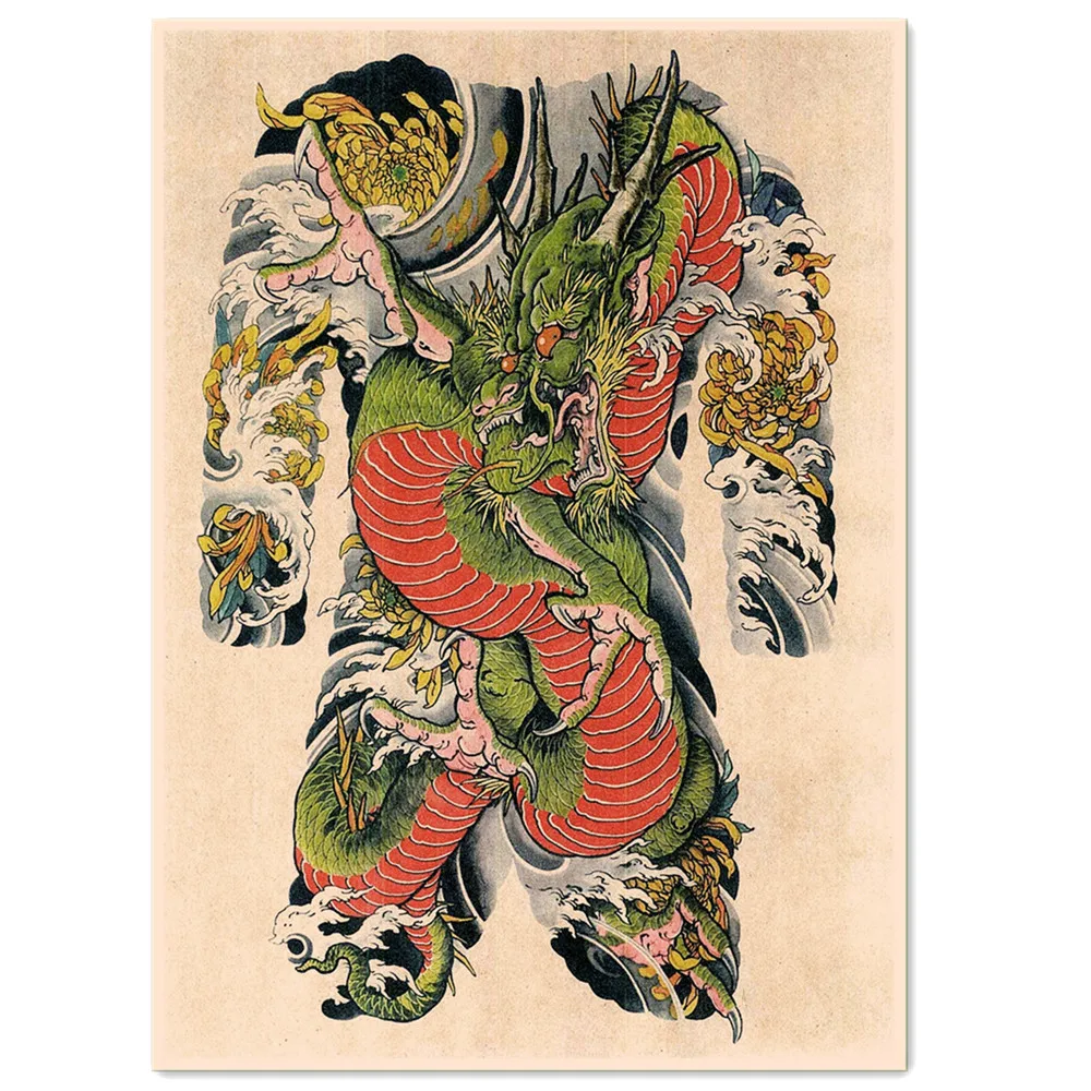 Dragon Ukiyo-E Tattoo Art Pictures Vintage Kraft Paper Poster Poster E Stampe Decorazione Della Casa Pittura Room Wall Sticker Murale