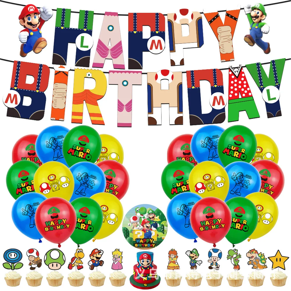 Hot Super Mario Birthday Balloon Set Mario Theme Balloon Pull Flag Set Gioco Decorazione Per Feste Di Compleanno Per Bambini Regali Di Compleanno