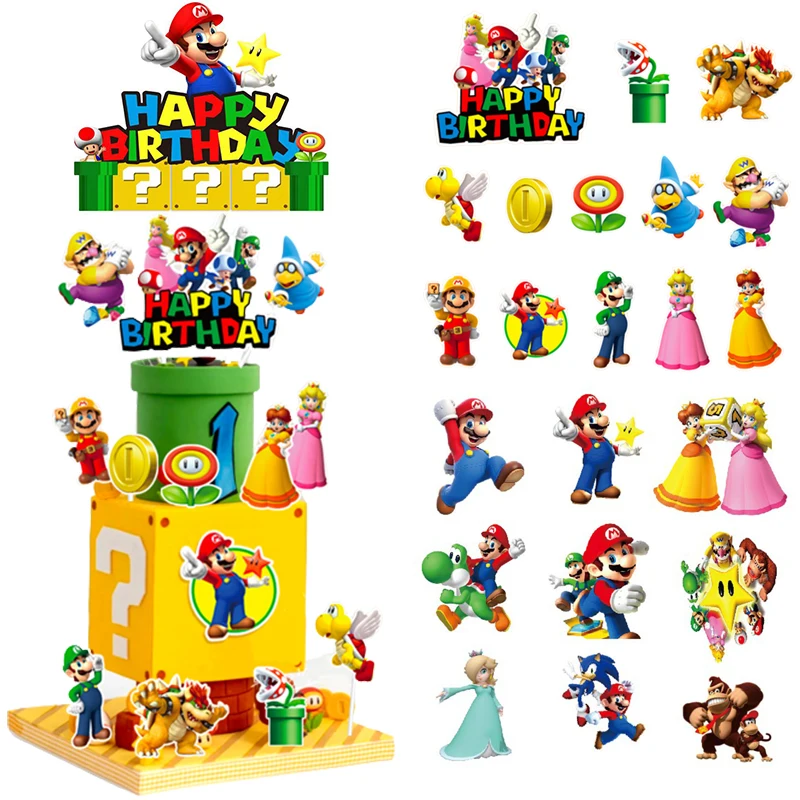 Super Mario Bros Cake Topper Anime Happy Birthday Cake Topper Flage For Kids Boy Cartoon Party Cake Decoration Forniture Regali