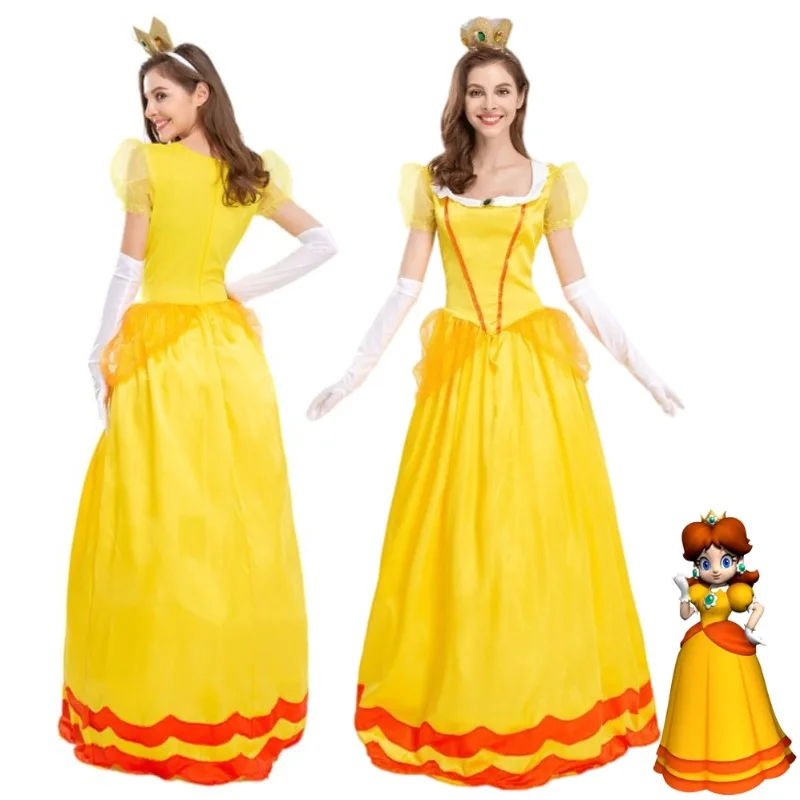 Super Marios Bros Daisy Princess Summer Dress For Women Adult Cosplay Costume Carnival Party Lady Dresses With Glove Crown Suit