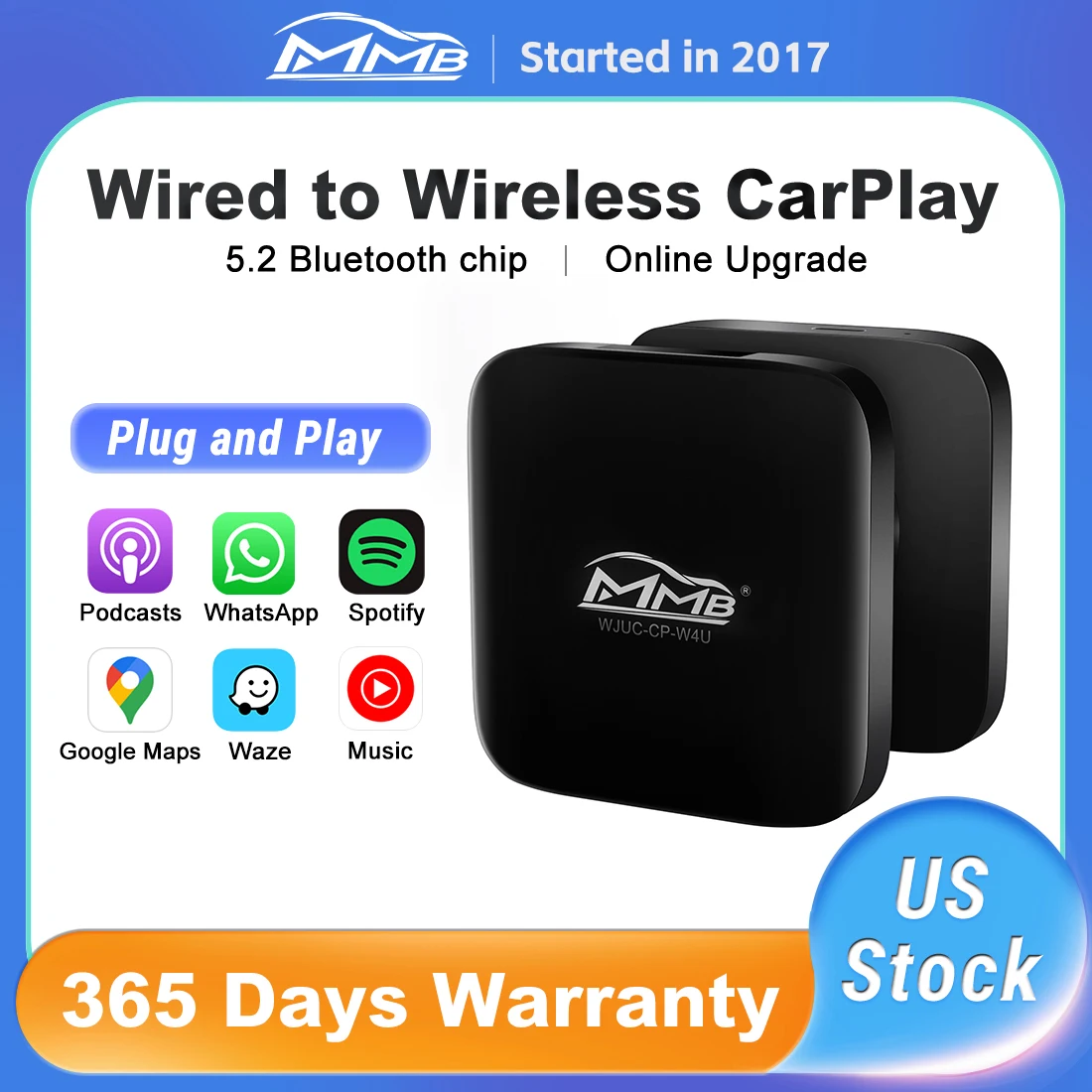 2023 Mmb Wireless Apple Carplay Adapter Dongle Portatile Aggiornamento Online Bt 5.2 Plug And Play Per Autoradio Con Carplay Cablato Oem