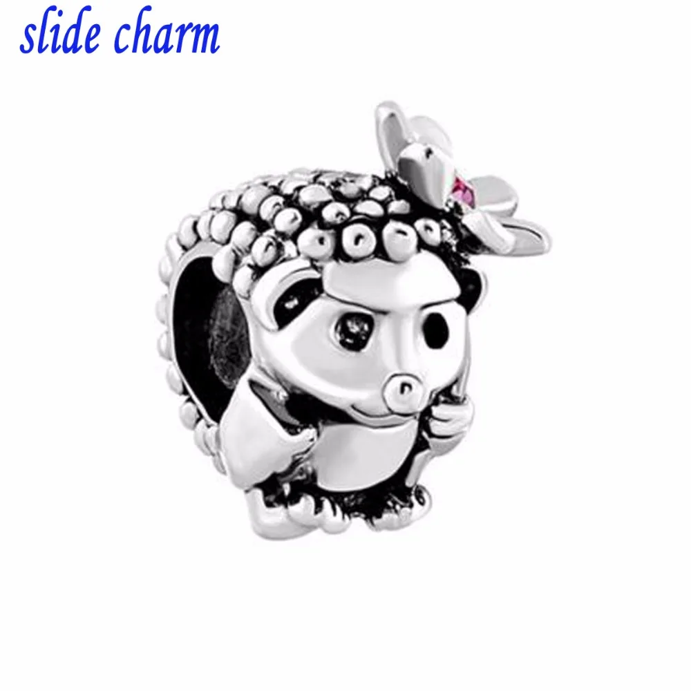 2023 New Slide Charm Pink Rhinestone Flower Hedgehog Animal Charm Beads Fit Pandora Bracciale Madre Lover Regalo Di Natale