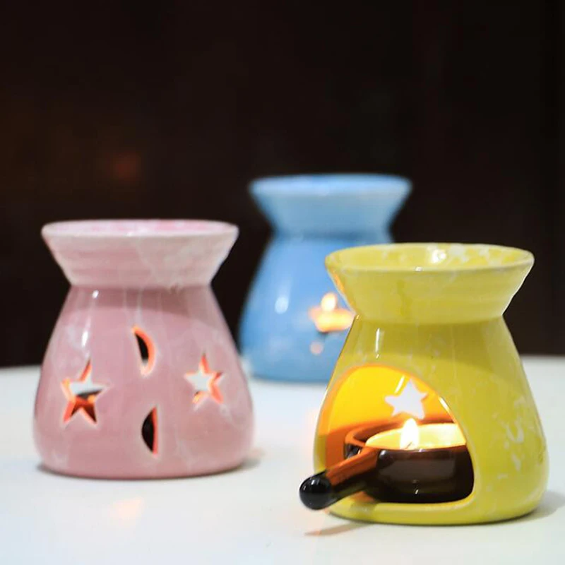 1 Pz 8.5Cm X 7Cm Lampade Di Olio Essenziale Di Ceramica Hollow Stars Moon Pattern Simple Essential Oil Fragrance Tea Light Candle Holder
