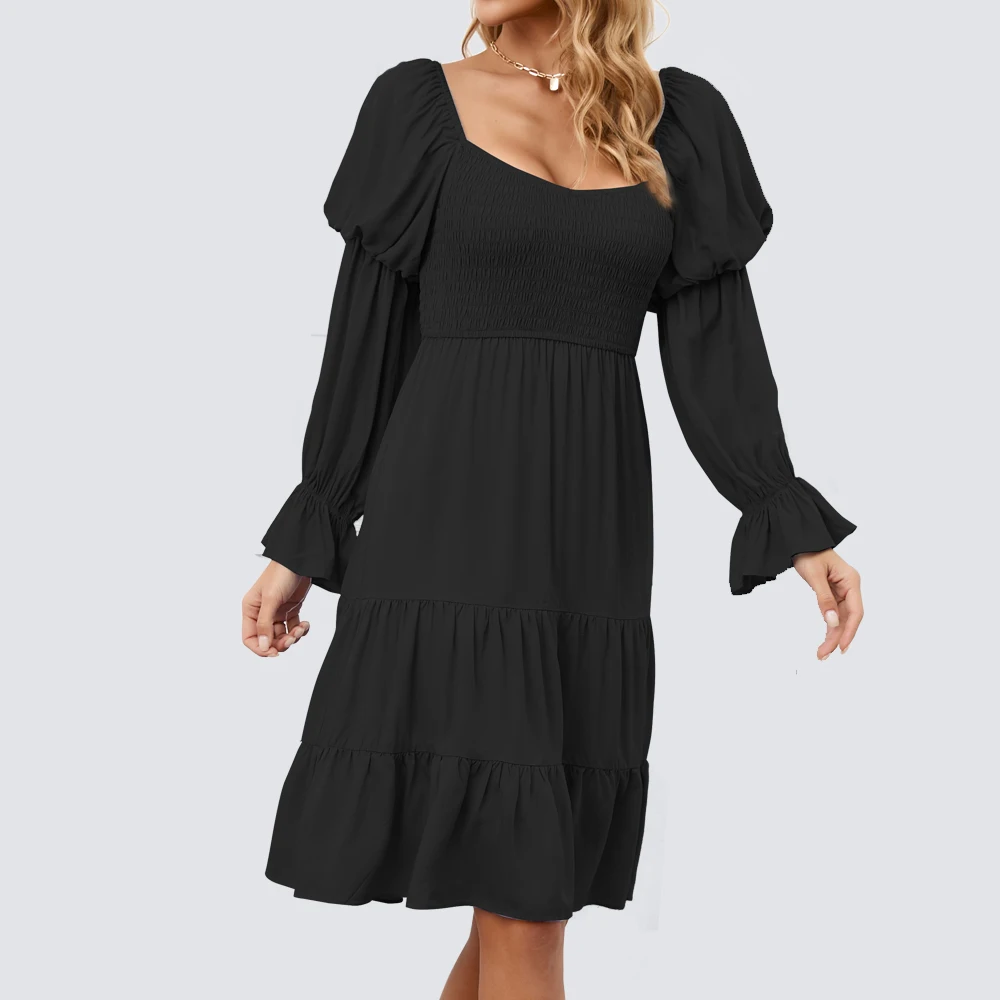 Autunno Moda Donna Tierred Black Dresses Casual Holiday Low Cut Swing Flare Dress Ha354