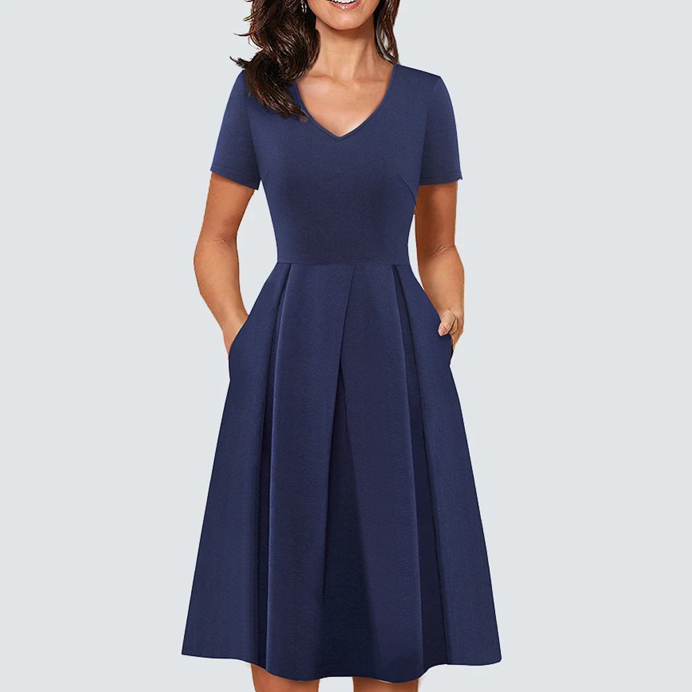 Donne Vintage Fit E Flare Altalena Casual A Pieghe Pieghe Office Party Dress Ha126