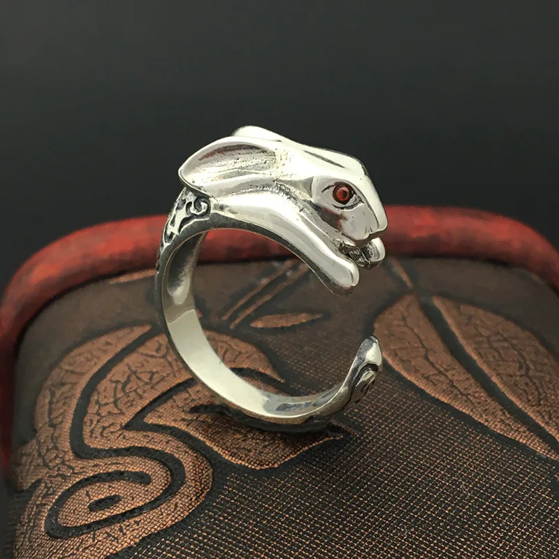 S925 Sterling Silver Ornamenti Retrò In Argento Tailandese Di Modo Carino Occhi Rossi Bunny Lacrime Open Ended Anello