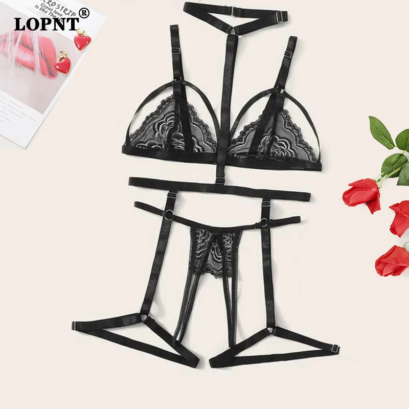 Lopnt Lingerie Sexy Fancy Underwear Hollow Out Kissy Bra Set 3 Pezzi Giarrettiera Lingerie Set Aperto Croth Panty Fantasy Lingerie Erotica