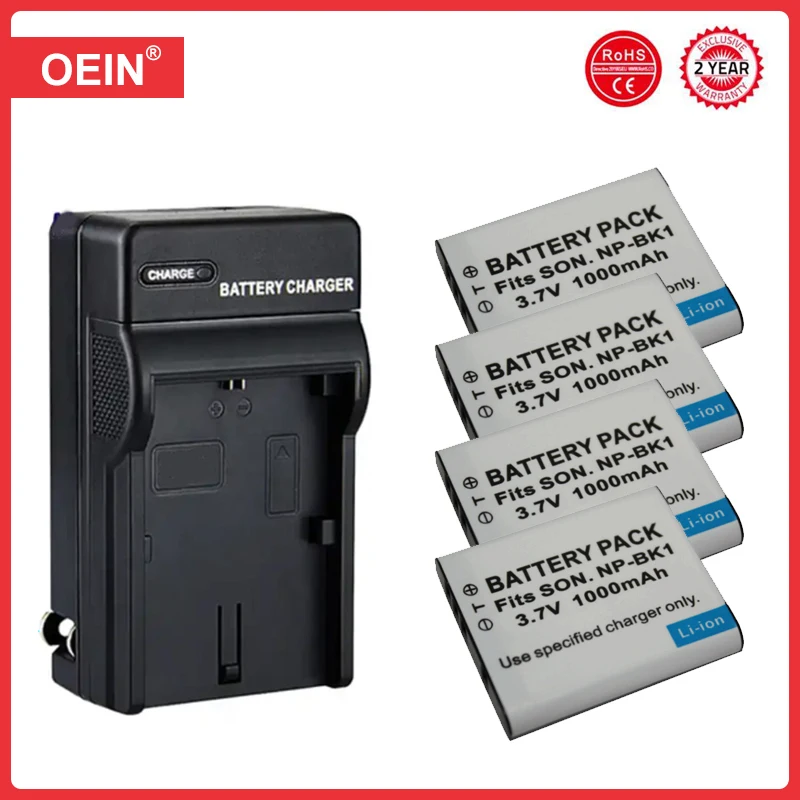 4 Pz 1000Mah Np-Bk1 Batteria + Caricabatterie Per Sony Cybershot Mhs-Pm5 Dsc-W180 Mhs-Cm5 Dsc-W370 S980 S750 S780 S950 W190