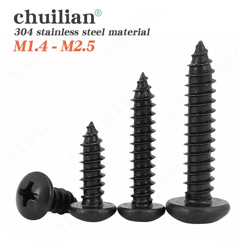 20/100Pcs M1.4 M1.7 M2 M2.2 M2.5 M3 Mini Small Black 304 Stainless Steel Cross Phillips Pan Round Head Self Tapping Wood Screw