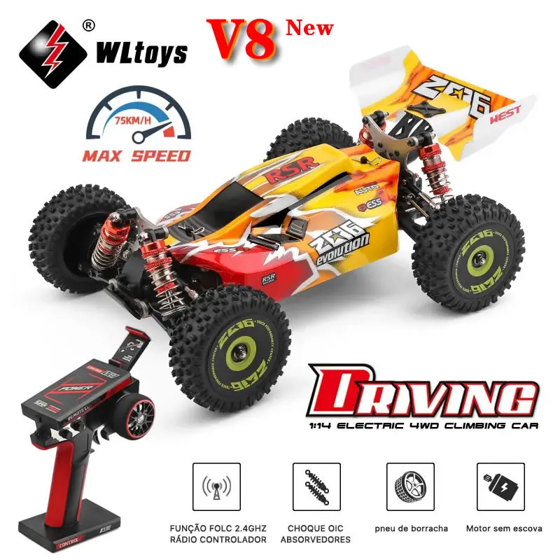 Wltoys Wl 144010 V8 1:14 4Wd 75Km/H Telecomando Drift Rc Racing Car High Speed Brushless Motor Off-Road Vehicle Adulti Bambini Giocattoli F1 Rtf