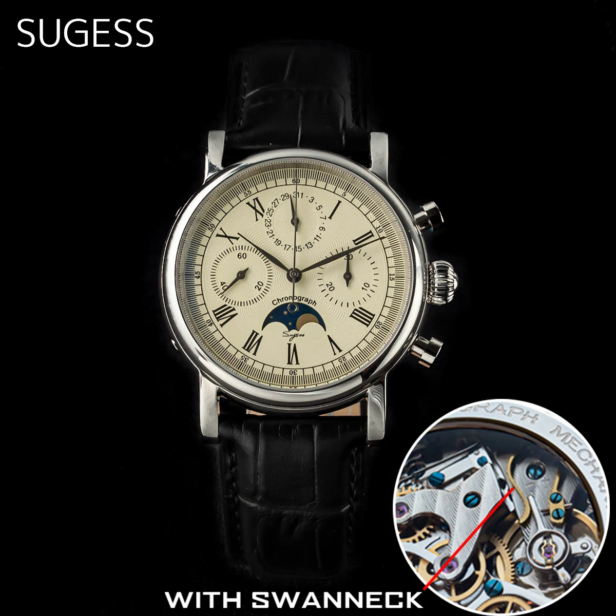 Sugess Orologio Da Uomo St1908 Swanneck Movimento Cronografo Meccanico Orologio Da Polso Calendario Moonphase Originale In Pelle Vintage Nuovo 2023
