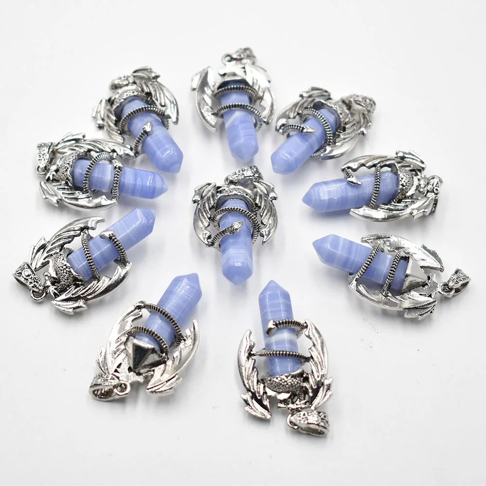 Fashion Animal Dragon Man Collana Healing Crystal Blue Stripe Onyx Ciondolo In Cristallo Esagonale Gioielli Vintage Per Donna 10 Pezzi