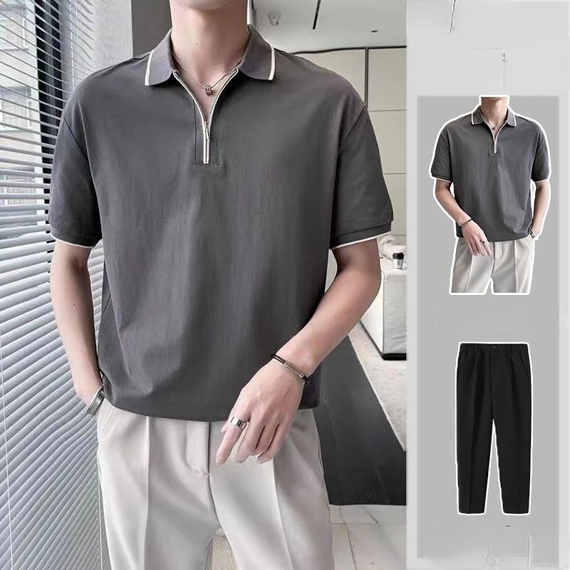2023 Primavera Moda Tinta Unita Due Pezzi Set Uomo Casual Allentato Manica Corta Polo E Pantaloni Tute Tute Da Uomo Y36