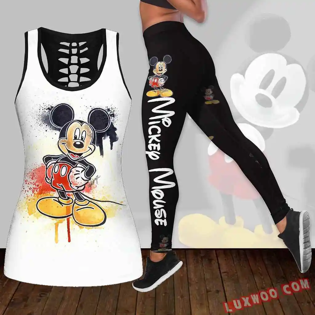 New Mickey Mouse Women'S Hollow Tanktop Leggings Yoga Set Summer Fitness Leggings Tuta Disney Cutout Canotta Leggings Set