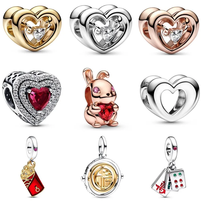 Original Radiant Heart Mahjong Tripla Busta Bicolore Fu Spinning Charm Fit Pandora 925 Gioielli In Argento Sterling