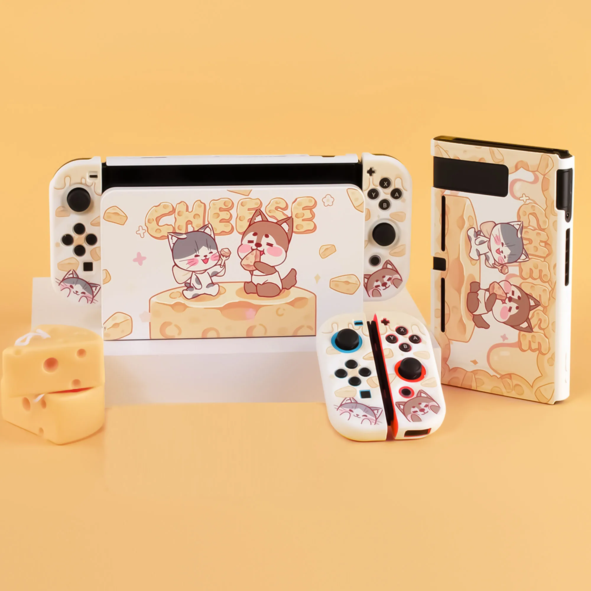 Cheese Cat Dog Hard Case Tv Dock Crystal Shell Per Nintendo Switch Oled Ns Joy-Con Tpu Soft Cover Protector Thumb Stick Grip Cap