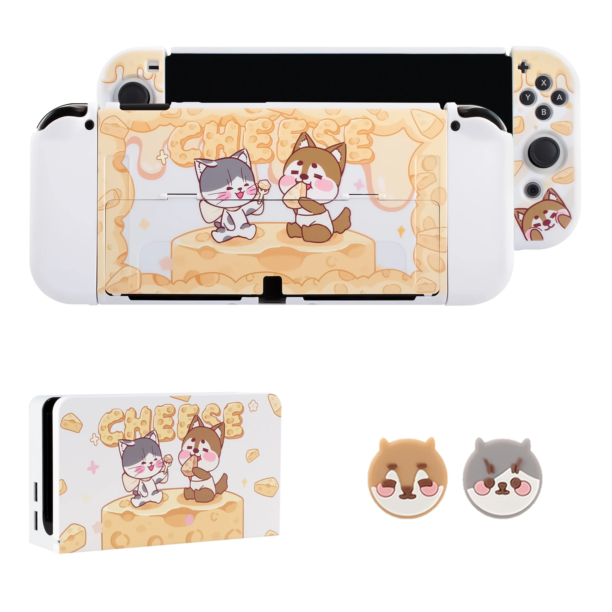 Cheese Cat Dog Hard Case Tv Dock Crystal Shell Per Nintendo Switch Oled Ns Joy-Con Tpu Soft Cover Protector Thumb Stick Grip Cap