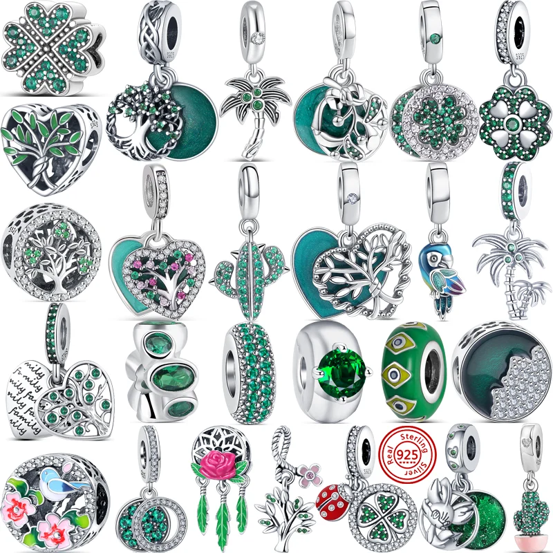 New Green Series Tree Four Leaf Clover Parrot Sparkling Beads Fit Original Pandora Charms Bracciale In Argento 925 Gioielli Da Donna