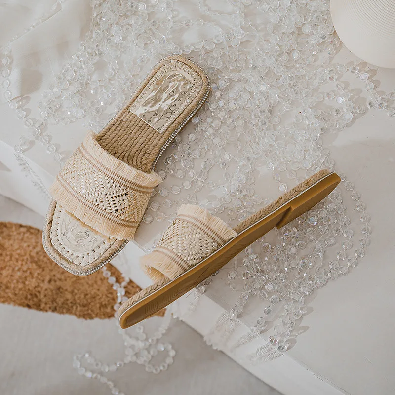 Bohemian Flats Slippers Women Weave Cane Square Toe Girls Sandals Tassel Summer Shoes Ladies Slides Flip Flops Sandalias Mujer